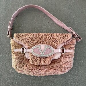 Valentino Blush Pink Shearling Shoulder Bag with Crystal V Logo